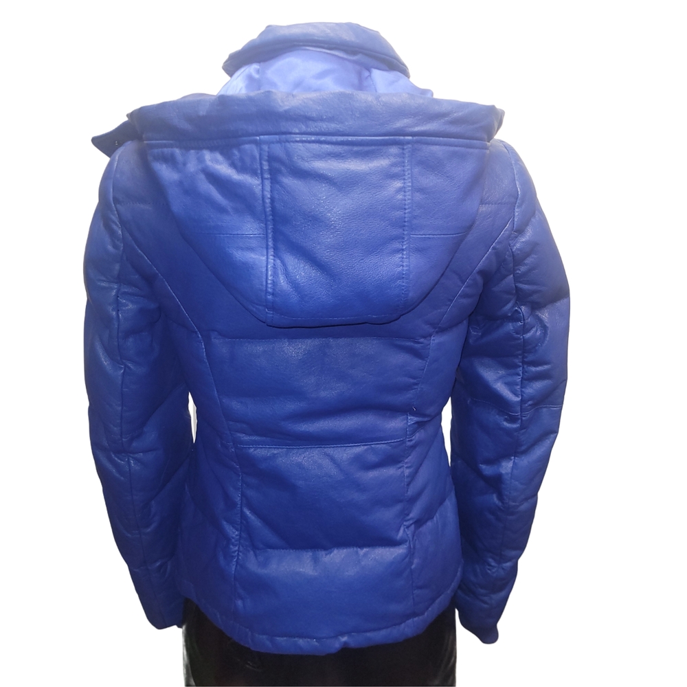 Danier Cobalt Blue Leather Down Quilted Puffer Jacket Size 2XS - Picture 7 of 10
